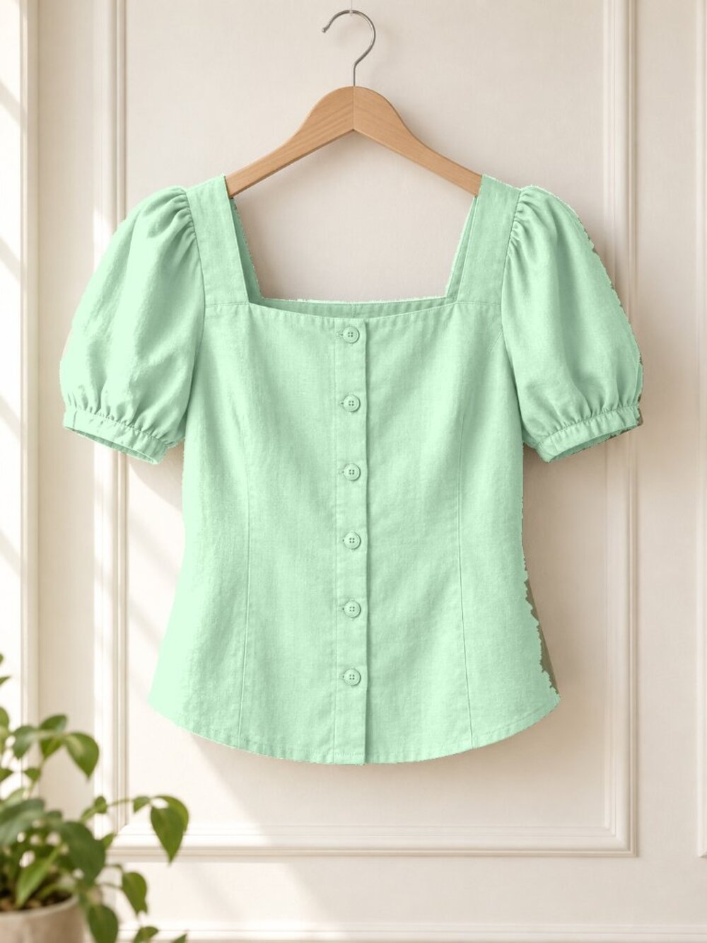 Title: Women's Pale Jade Square Neck Puff Sleeve Button Front Blouse